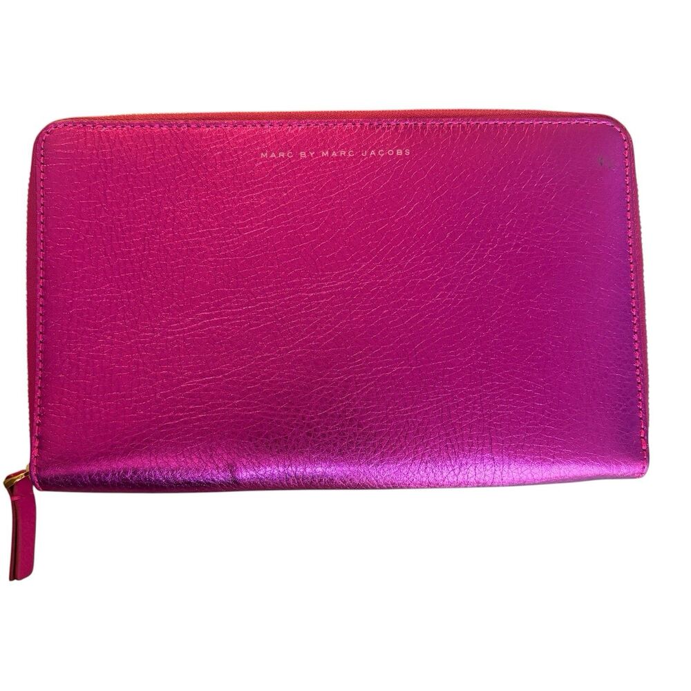 Marc Jacobs Leather Wallet Zip Around Card Holder Pink Metallic NEW NWT